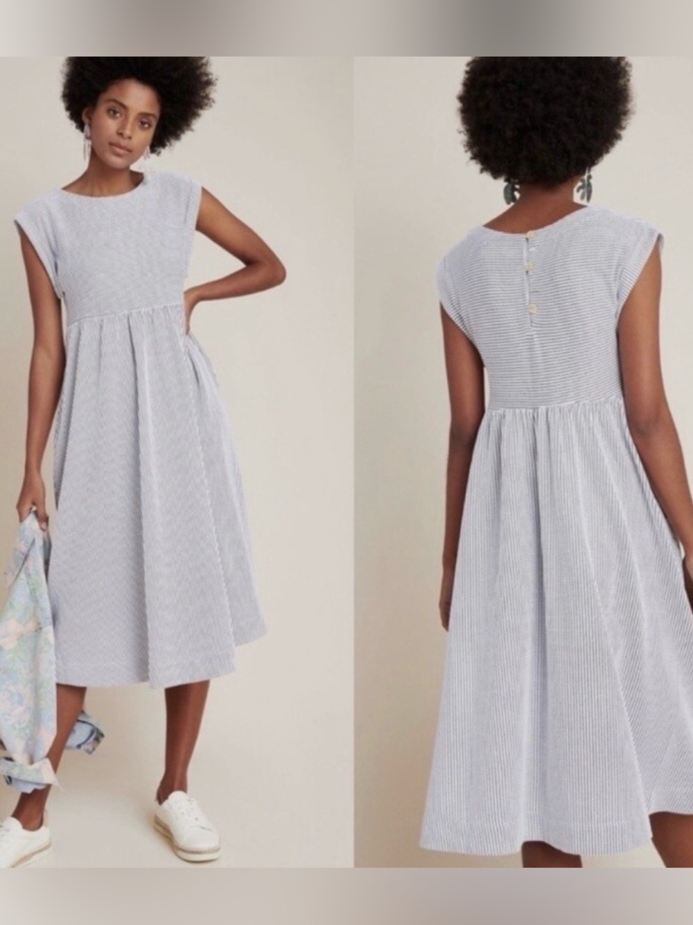 Anthropologie Maeve Babydoll Striped Cap-Sleeve Midi Dress